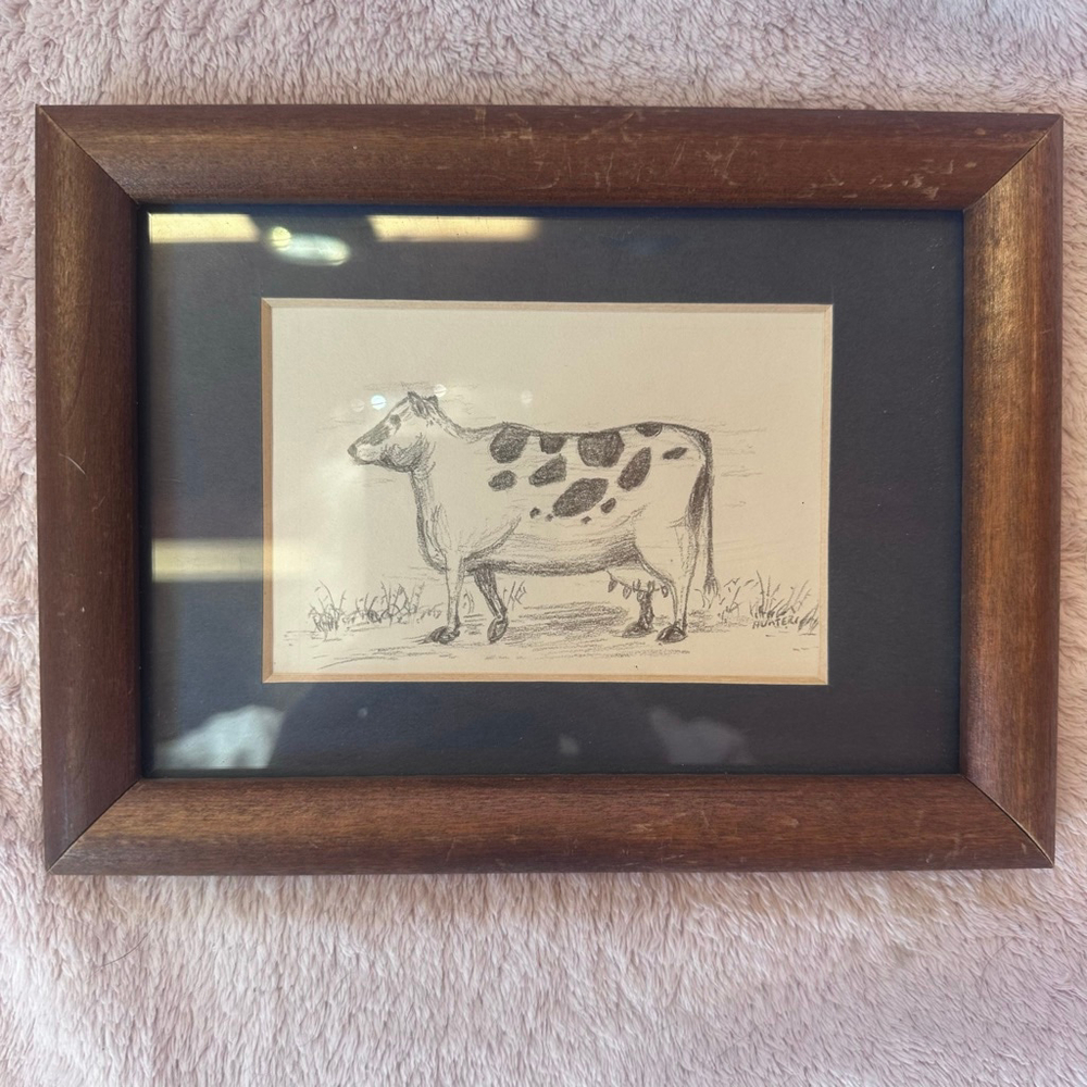 Vintage 1993 Pencil Sketch Farm Cow Signed By Artist Scott Hunter Wood Framed